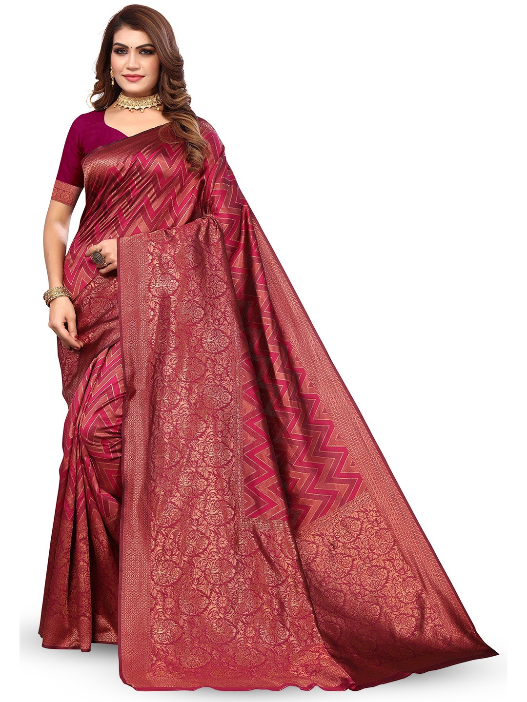 

KALINI Ethnic Motifs Woven Design Zari Kanjeevaram Saree, Burgundy