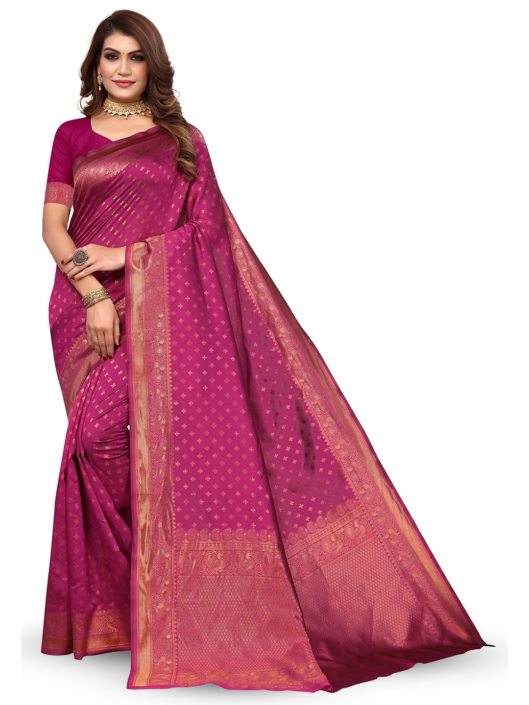 

KALINI Ethnic Motifs Woven Design Zari Silk Blend Kanjeevaram Saree, Pink