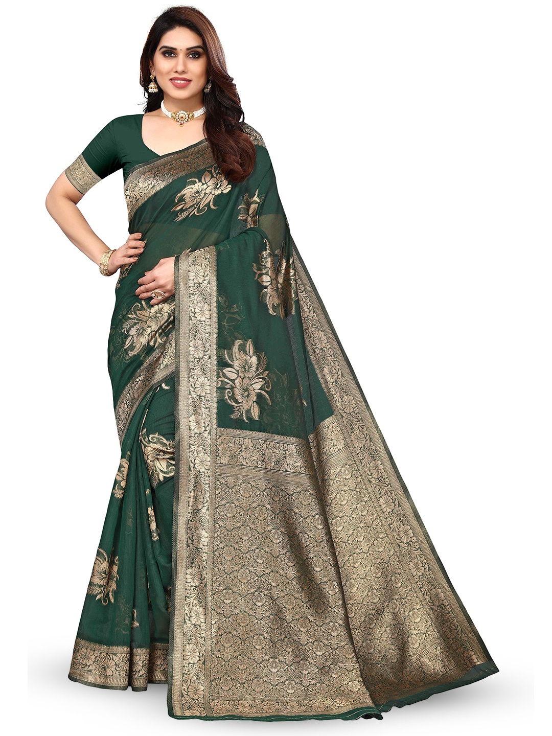 

KALINI Woven Design Zari Silk Blend Kanjeevaram Saree, Green