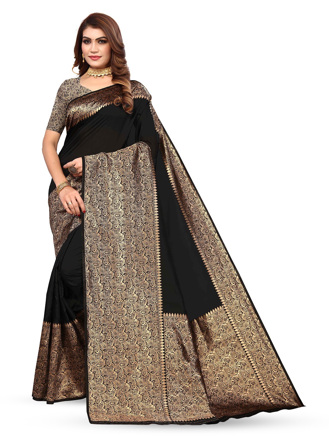 

KALINI Ethnic Motifs Woven Design Zari Kanjeevaram Saree, Black