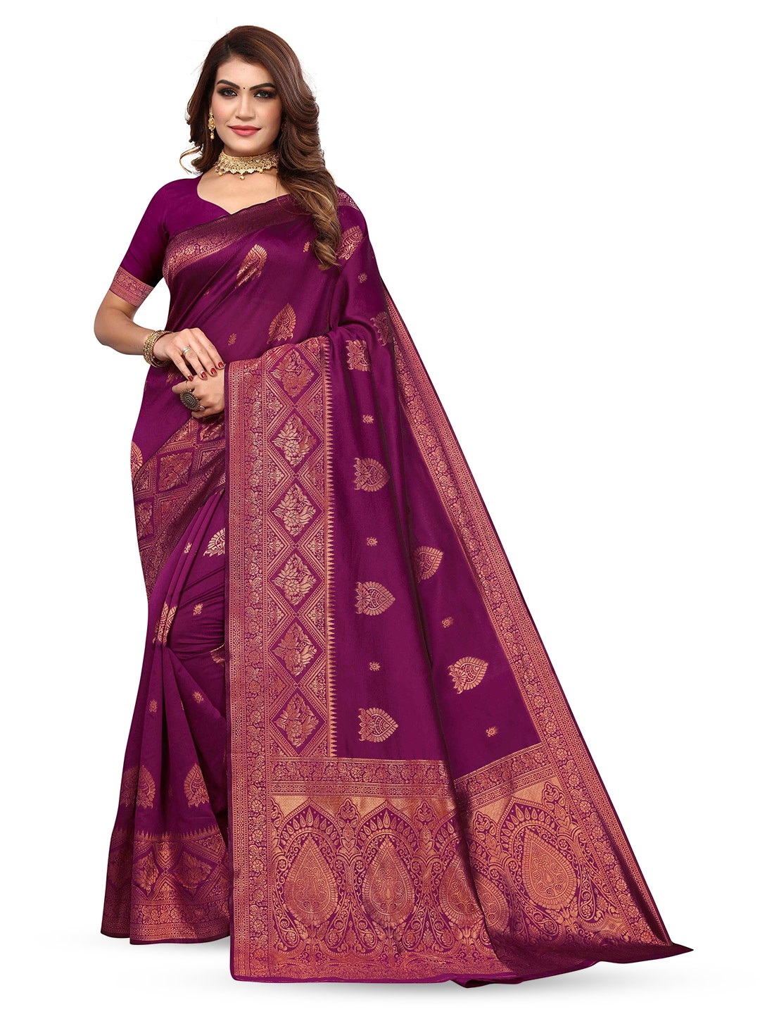 

KALINI Ethnic Motifs Woven Design Zari Detail Kanjeevaram Saree, Purple