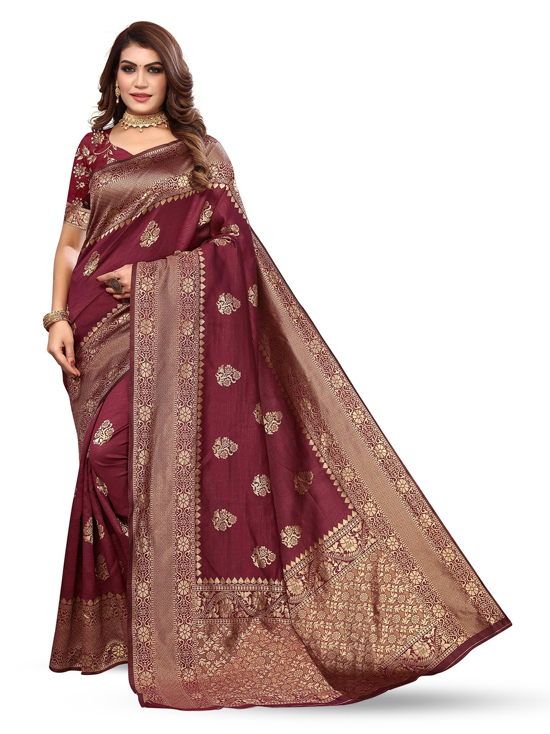 

KALINI Woven Design Zari Kanjeevaram Saree, Brown