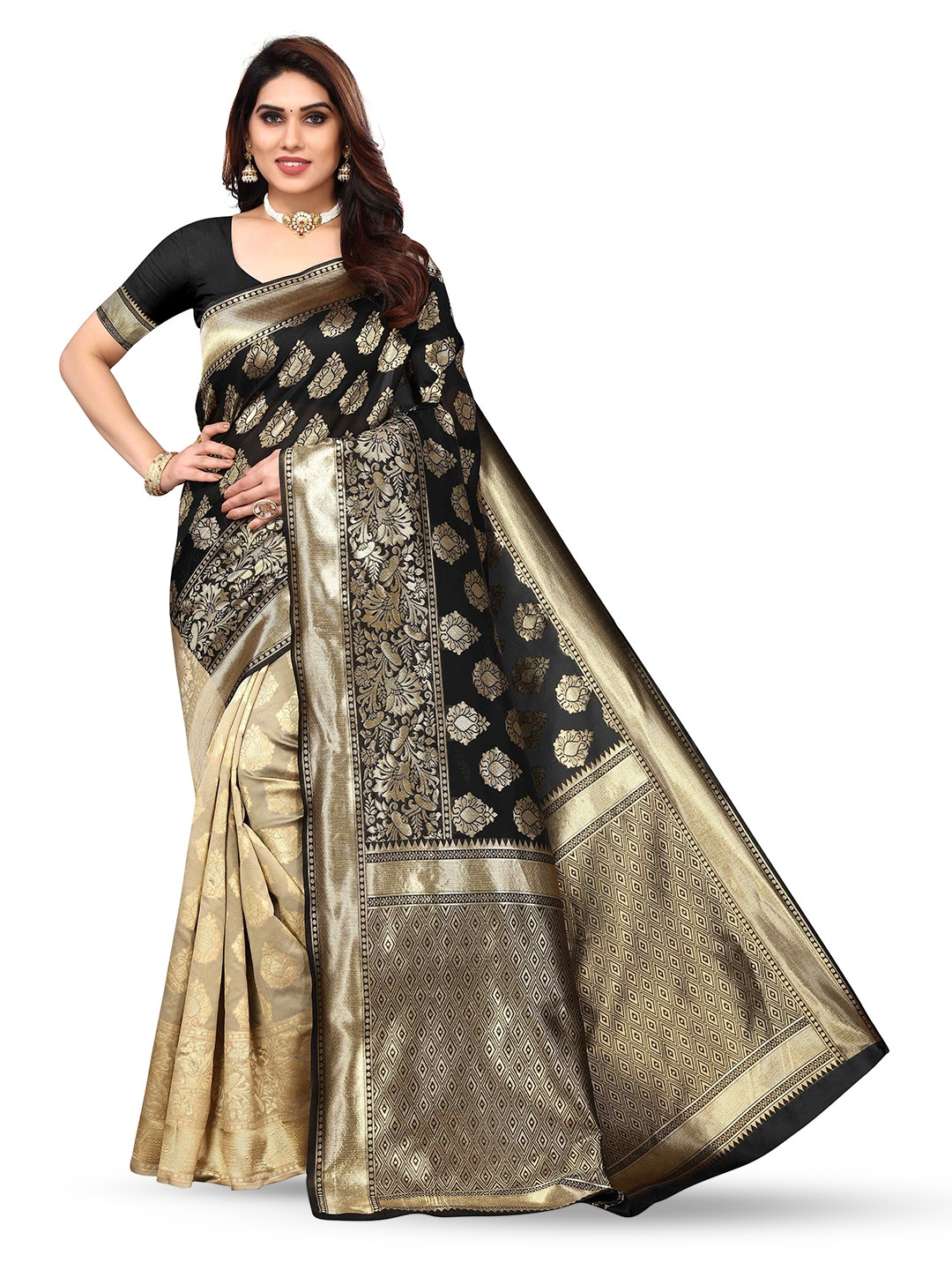 

KALINI Ethnic Motifs Woven Design Zari Silk Blend Kanjeevaram Saree, Black