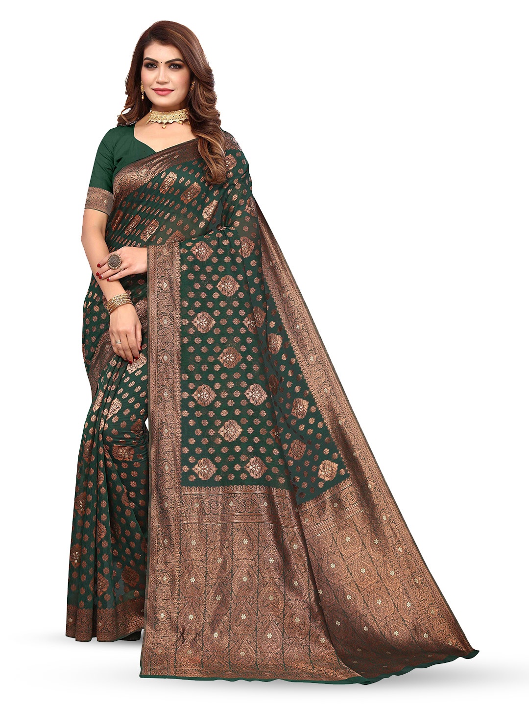 

KALINI Ethnic Motifs Woven Design Zari Kanjeevaram Saree, Green
