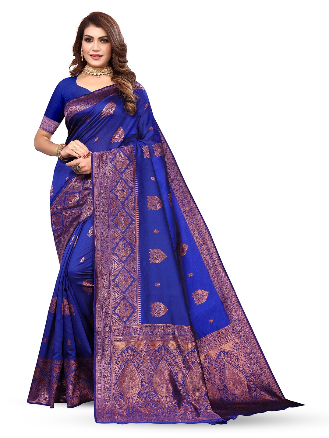 

KALINI Ethnic Motifs Woven Design Zari Silk Blend Kanjeevaram Saree, Blue