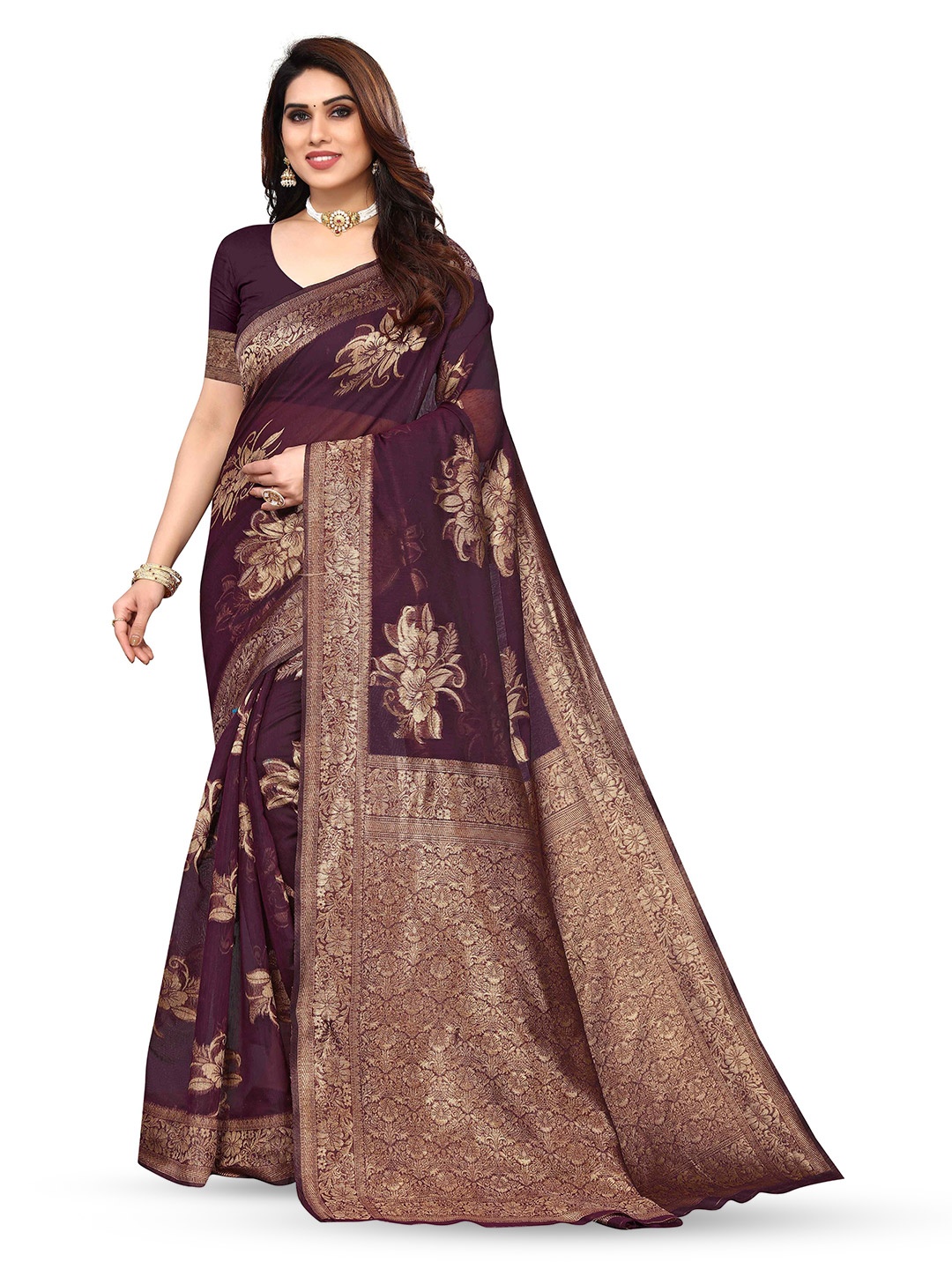 

KALINI Ethnic Motifs Woven Design Zari Jacquard Kanjeevaram Saree, Brown