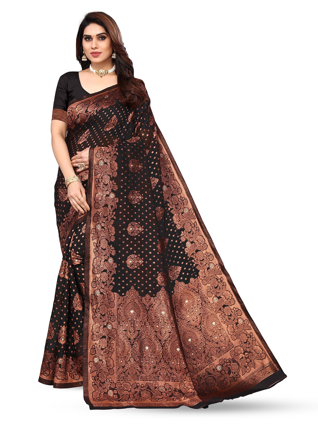 

KALINI Ethnic Motifs Woven Design Zari Kanjeevaram Saree, Black