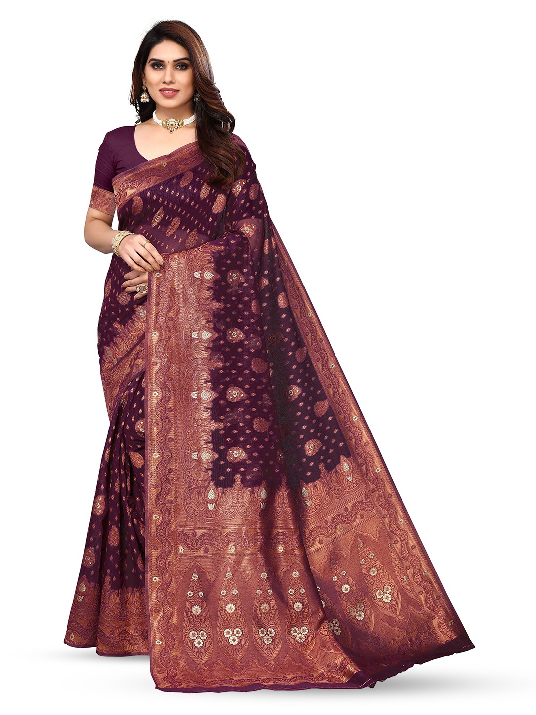

KALINI Ethnic Motifs Woven Design Zari Kanjeevaram Saree, Purple