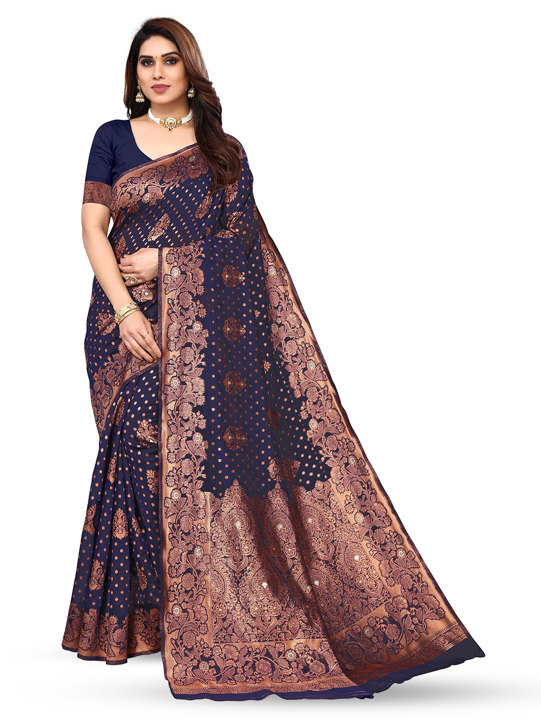 

KALINI Ethnic Motifs Woven Design Zari Jacquard Kanjeevaram Saree, Blue