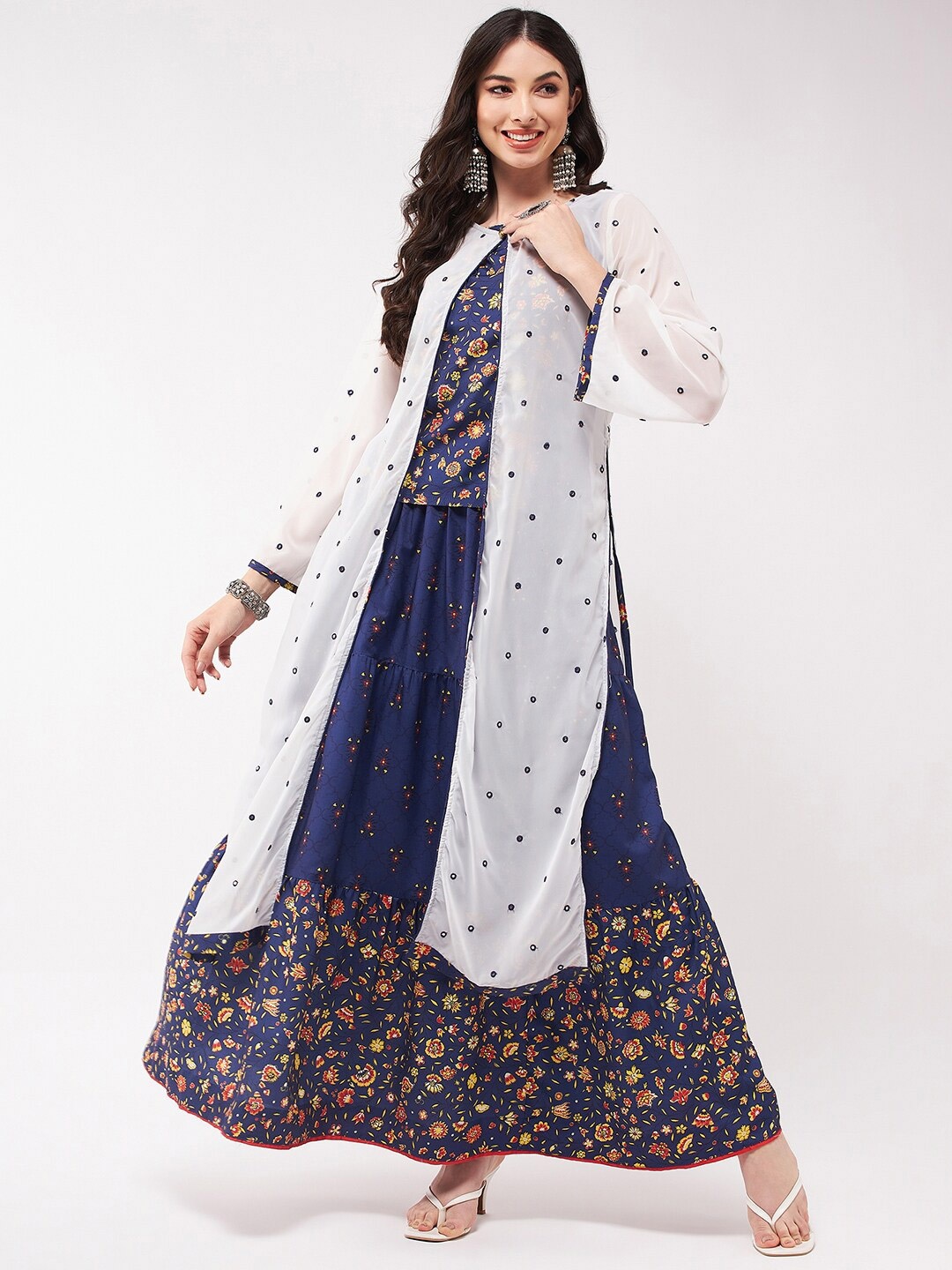 

Pannkh Floral Printed Top & Skirt With Jacket, Navy blue