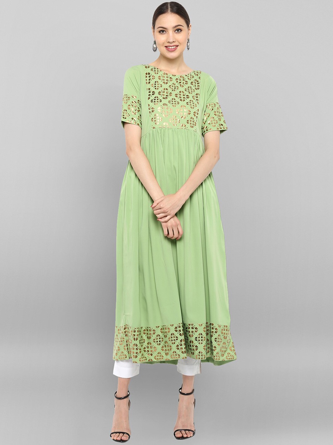 

Janasya Ethnic Motifs Yoke Design Anarkali Kurta, Green