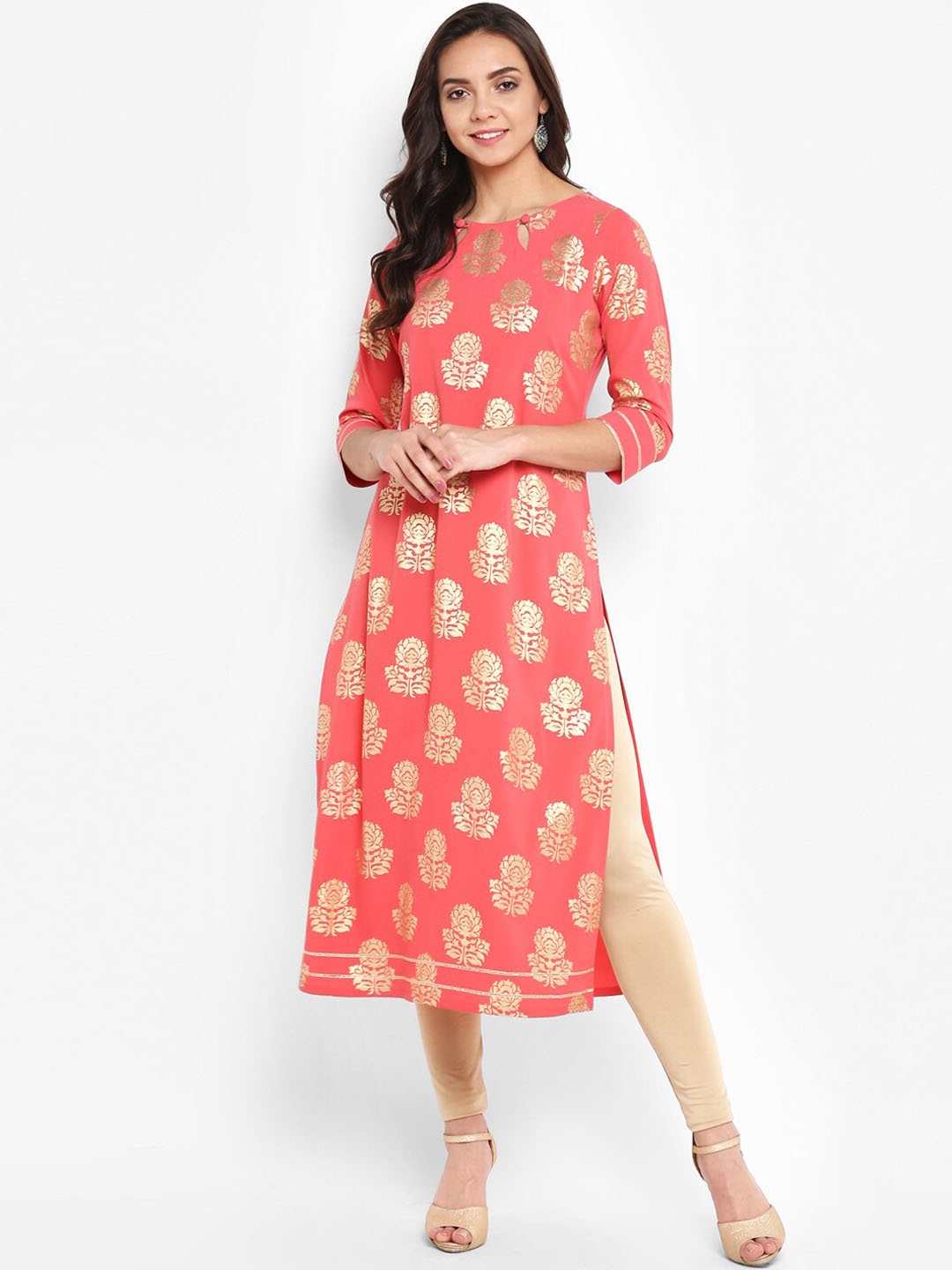 

Janasya Ethnic Motifs Printed Crepe Kurta, Peach