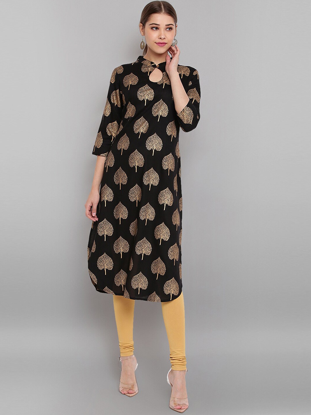 

Janasya Ethnic Motifs Printed Keyhole Neck Straight Kurta, Black