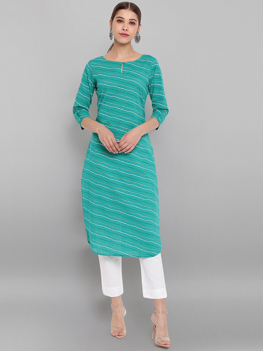

Janasya Leheriya Printed Keyhole Neck Straight Kurta, Turquoise blue