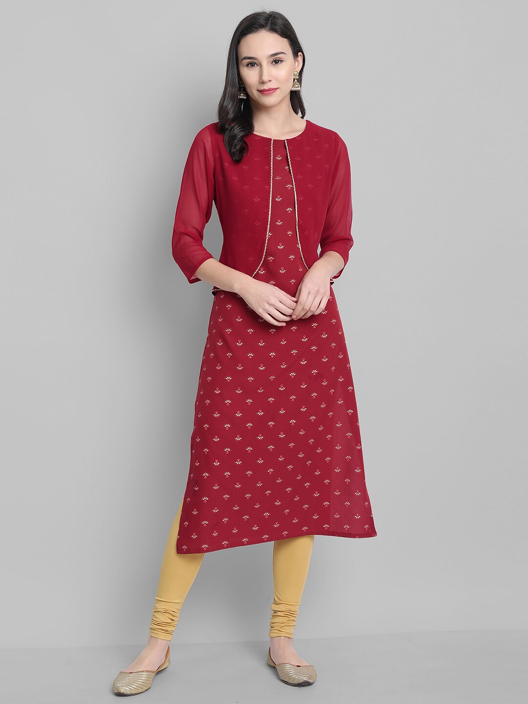 

Janasya Floral Printed Straight Kurta, Maroon