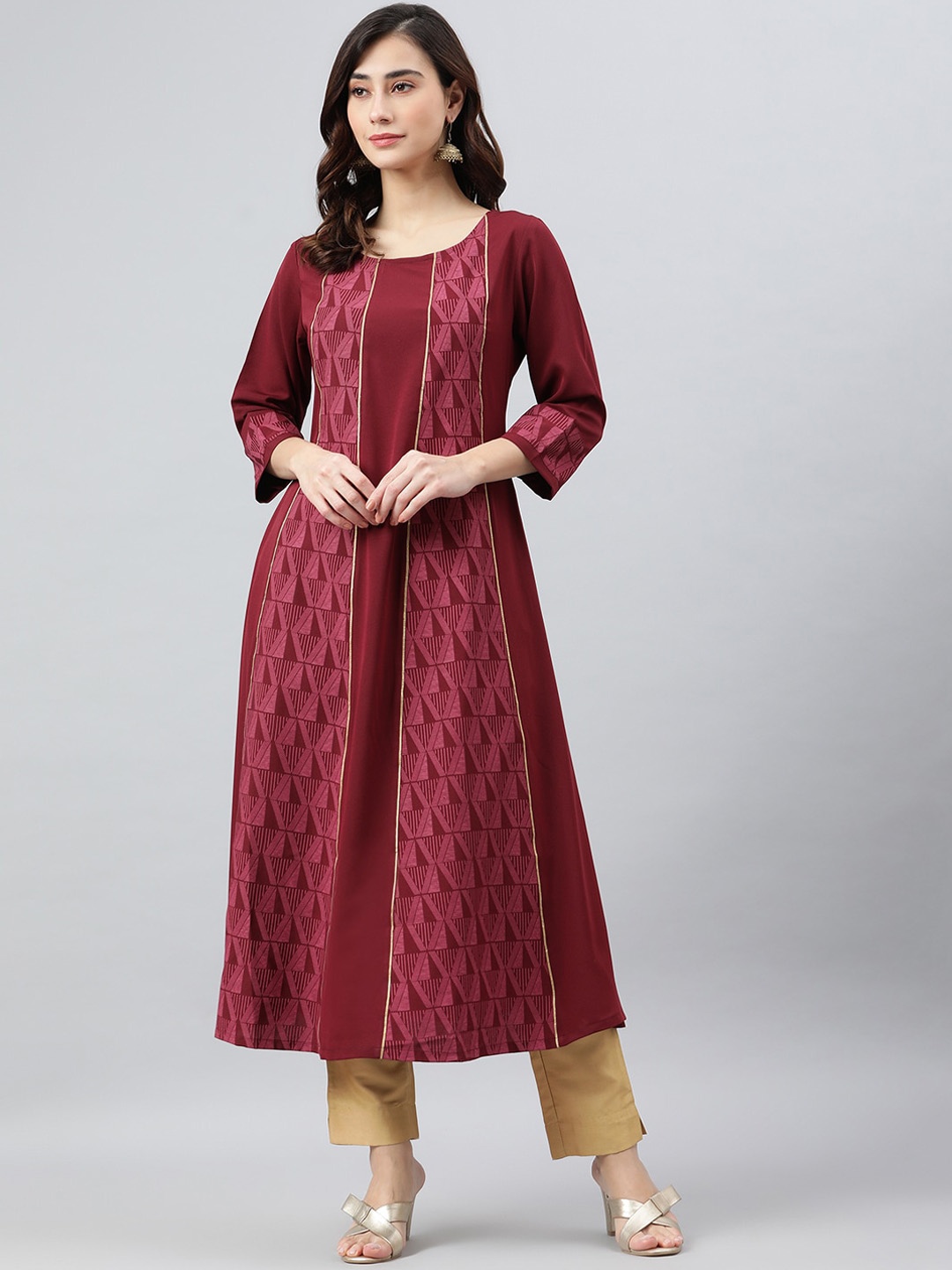 

Janasya Round Neck Crepe A-Line Kurta, Maroon