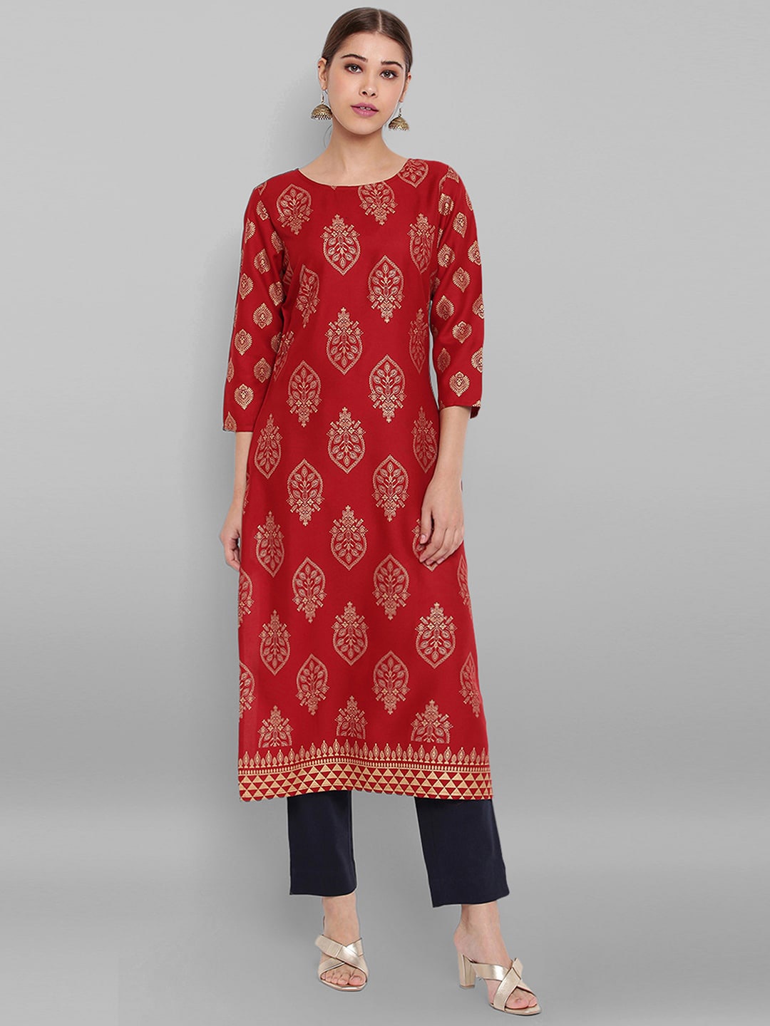 

Janasya Ethnic Motifs Printed Straight Kurta, Maroon