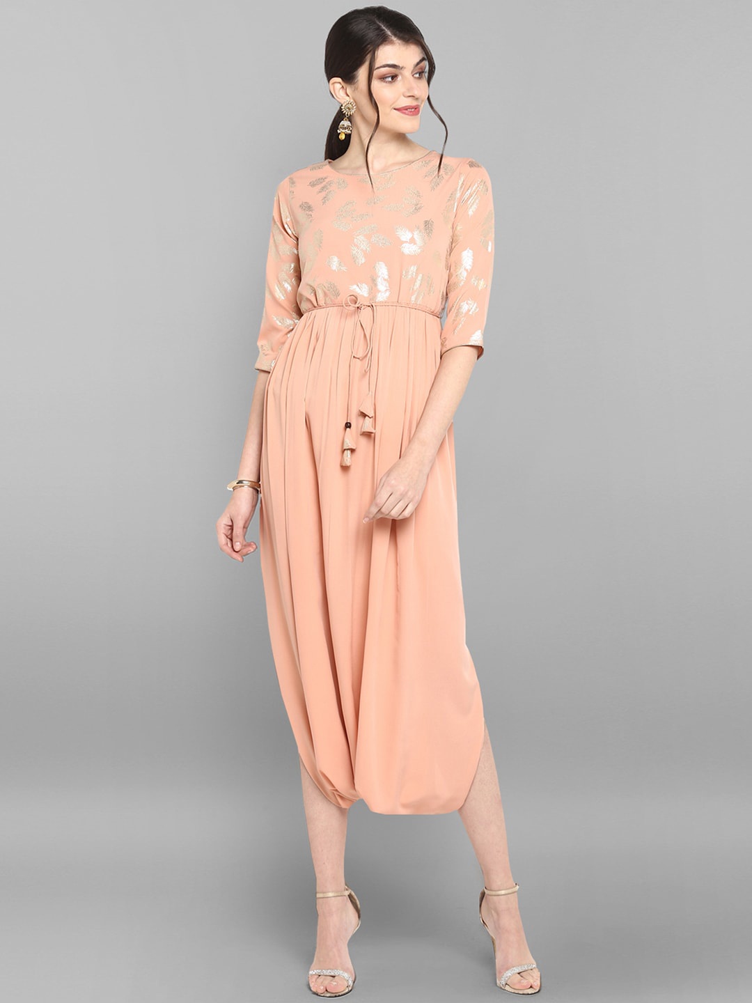

Janasya Floral Printed Dhoti Style Ethnic Dress, Peach