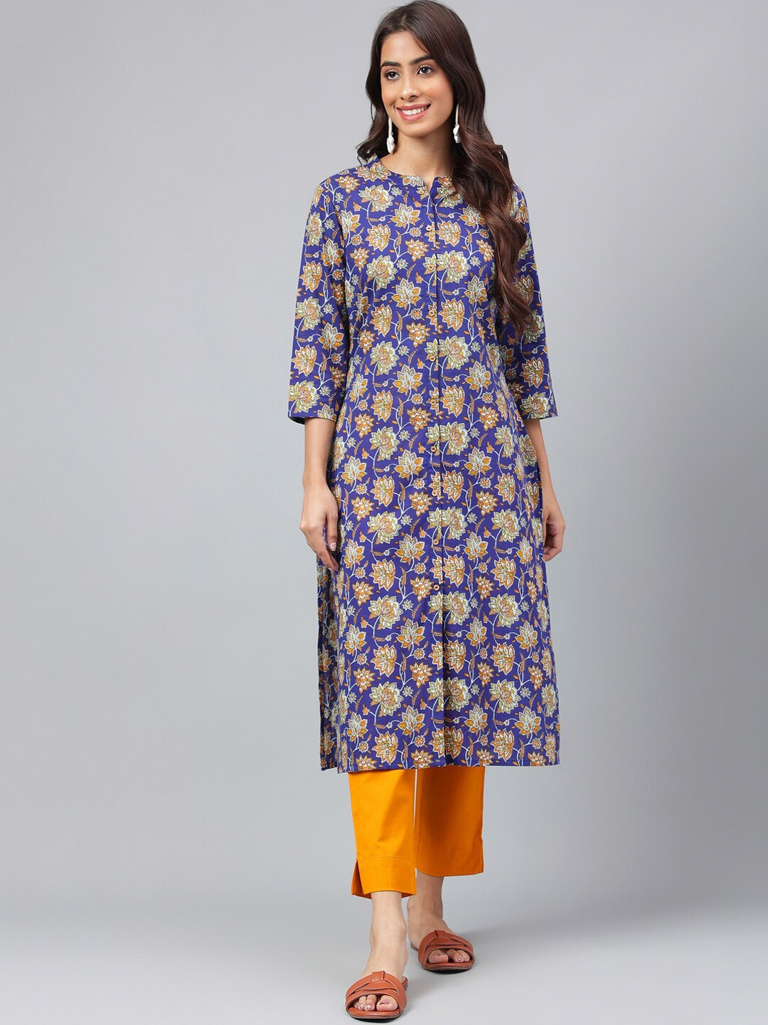 

Janasya Floral Printed Cotton Straight Kurta, Blue