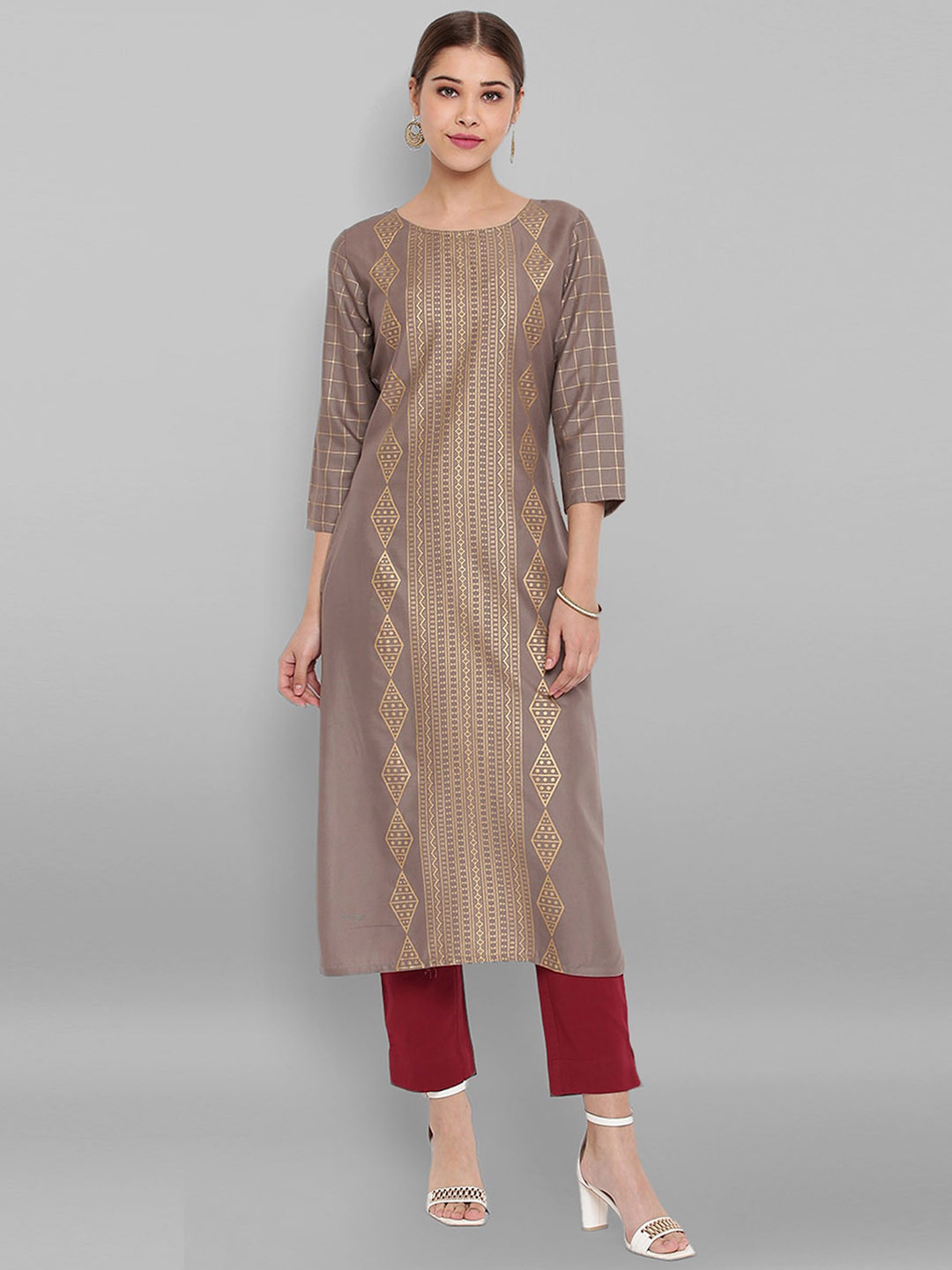 

Janasya Striped Straight Kurta, Grey
