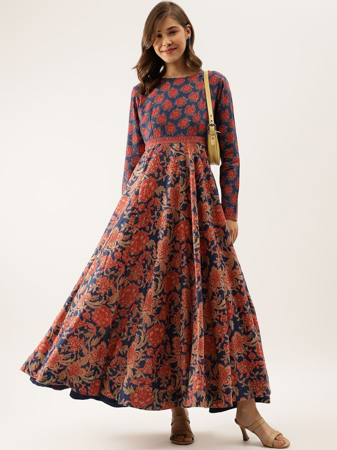 

Divena Floral Printed Pure Cotton Fit and Flare Maxi Ethnic Dress, Navy blue