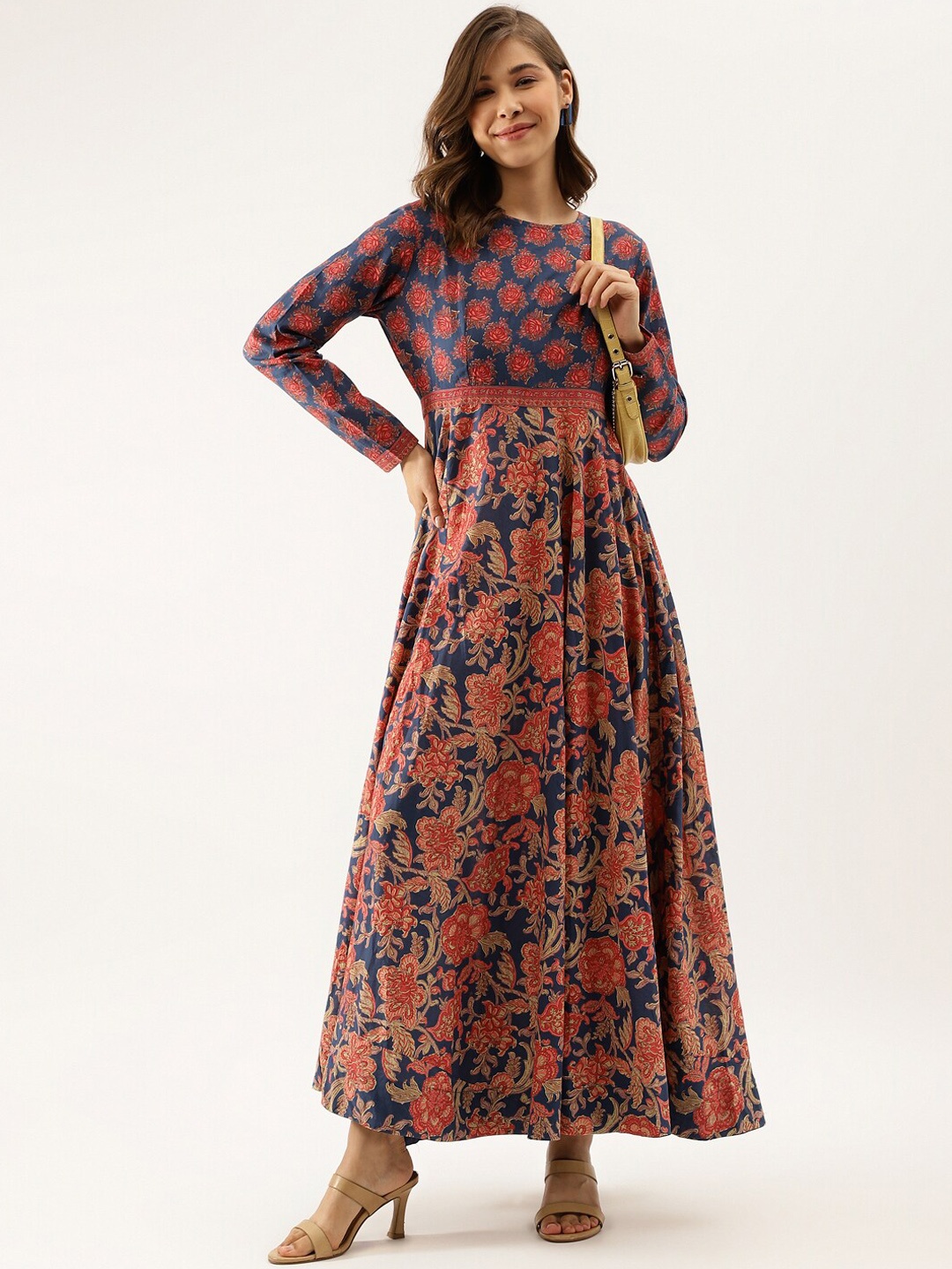 

Divena Floral Printed Pure Cotton Fit and Flare Maxi Ethnic Dress, Navy blue