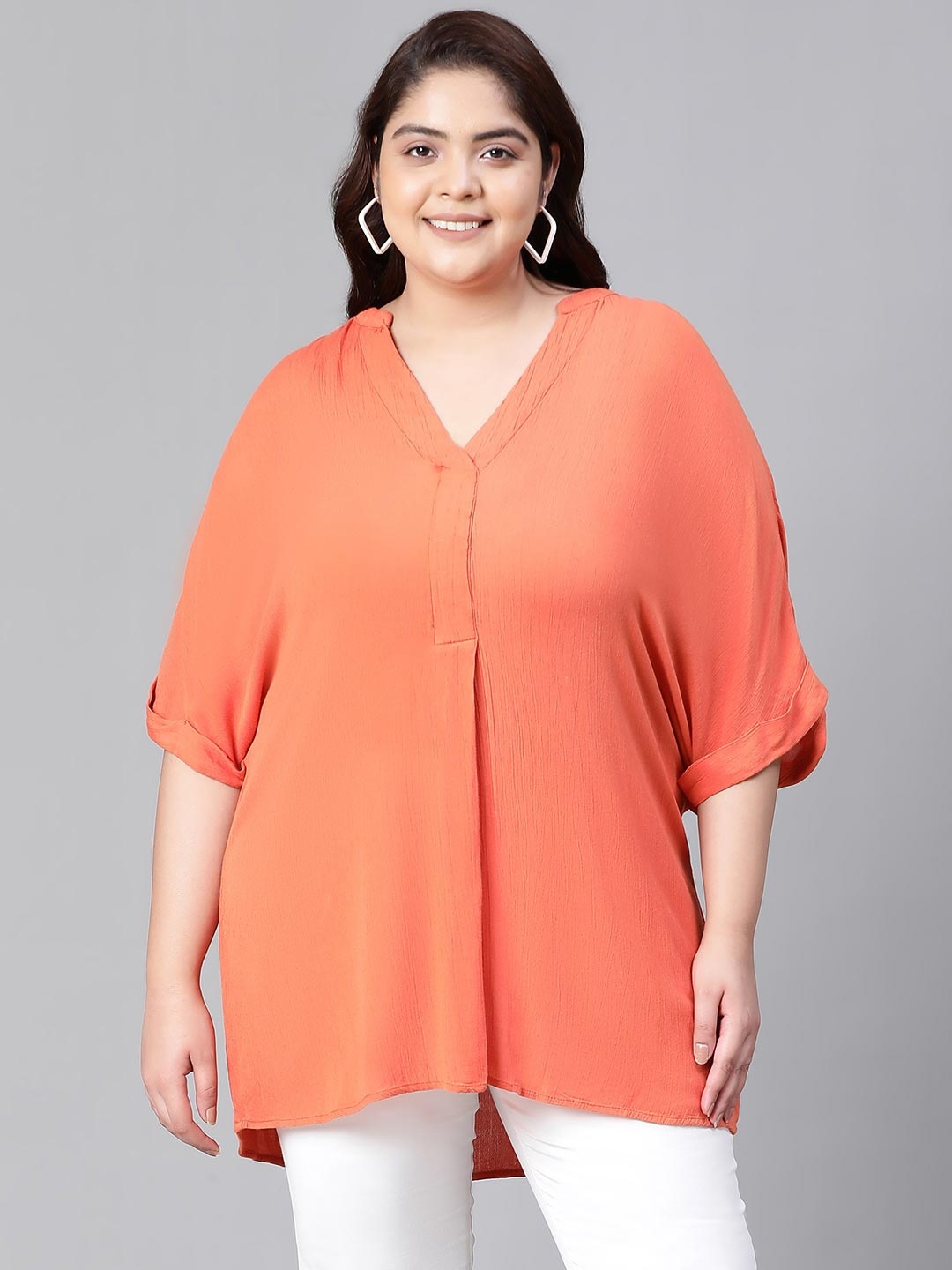 

Oxolloxo Plus Size Extended Sleeves Longline Top, Rust
