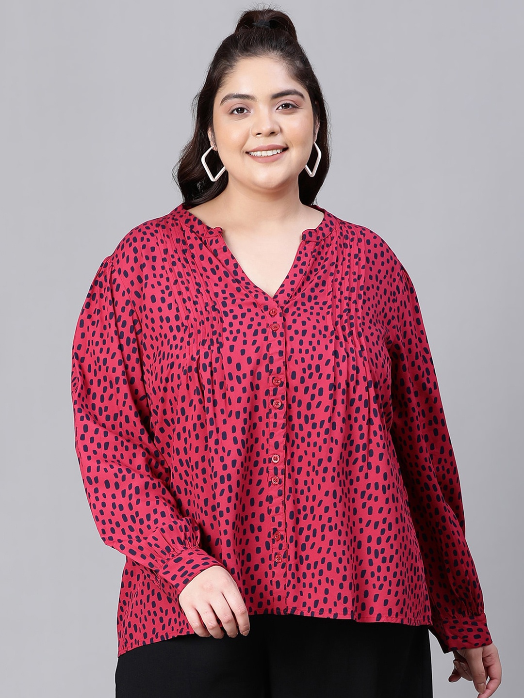

Oxolloxo Plus Size Animal Or Skin Print Mandarin Collar A-line Top, Maroon