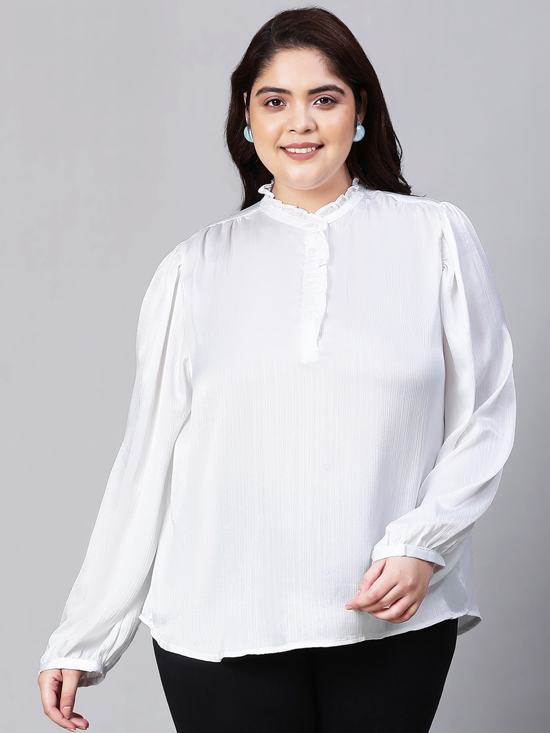 

Oxolloxo Plus Size Gathered Mandarin Collar Shirt Style Top, White