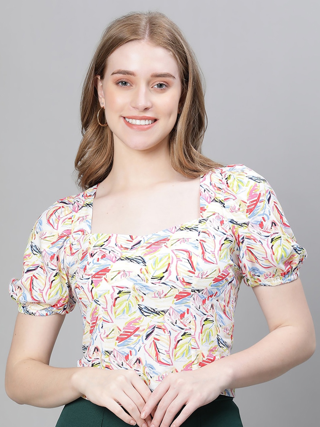 

Oxolloxo Floral Print Puff Sleeve Smocked Crop Top, Pink