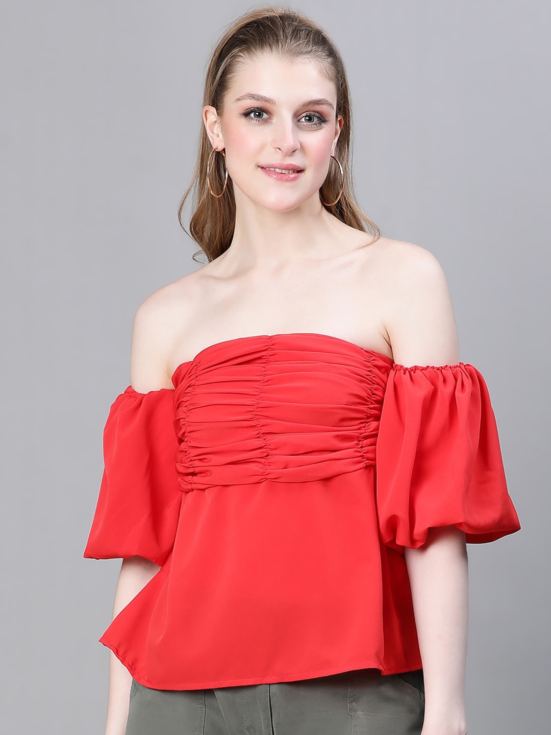 

Oxolloxo Off-Shoulder Puff Sleeve Smocked Crepe Bardot Top, Red