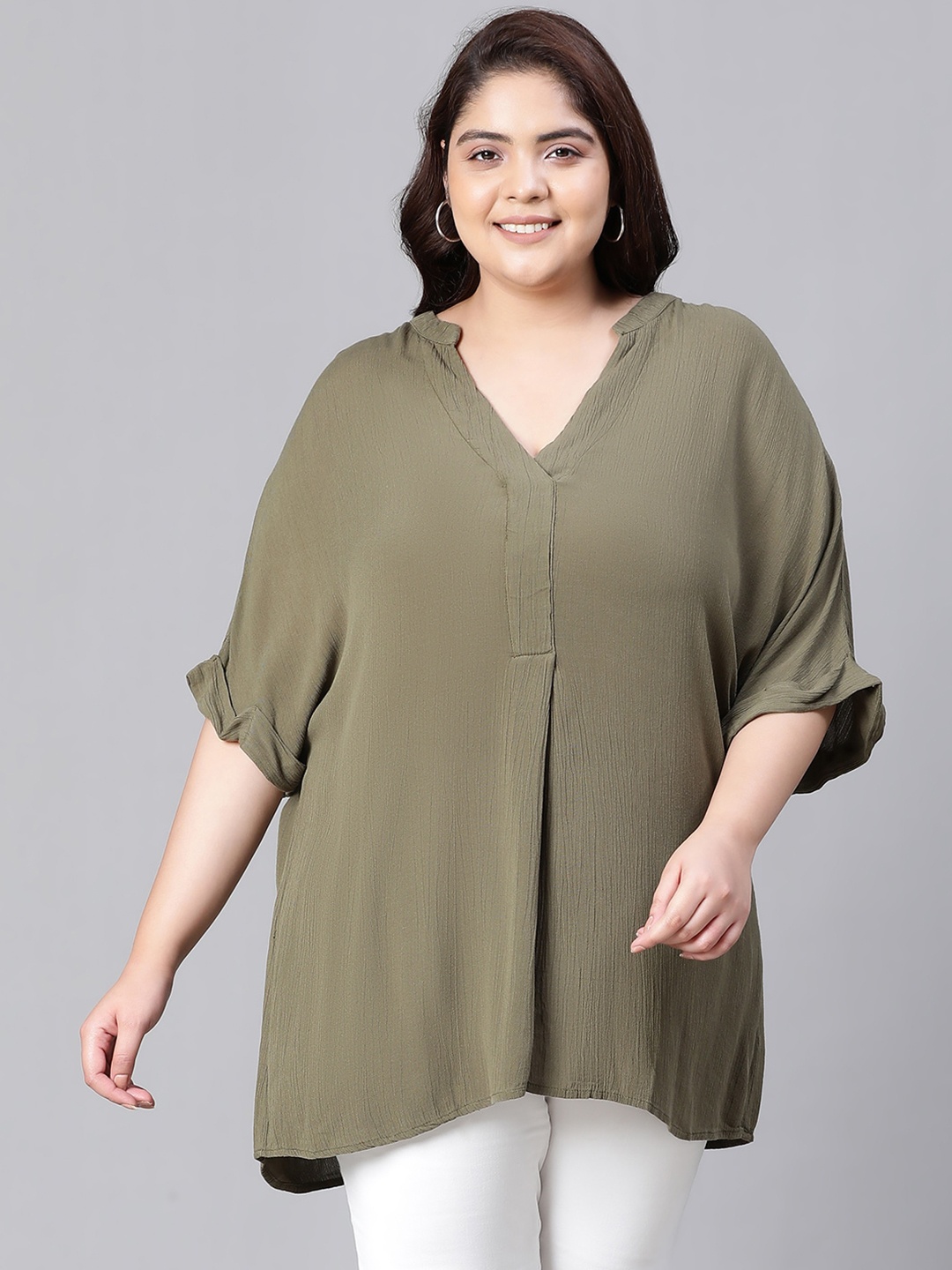 

Oxolloxo Plus Size Mandarin Collar Extended Sleeves Longline Top, Green