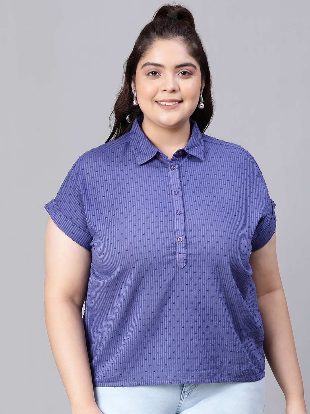 

Oxolloxo Plus Size Self Design Extended Sleeves Cotton Shirt Style Top, Blue