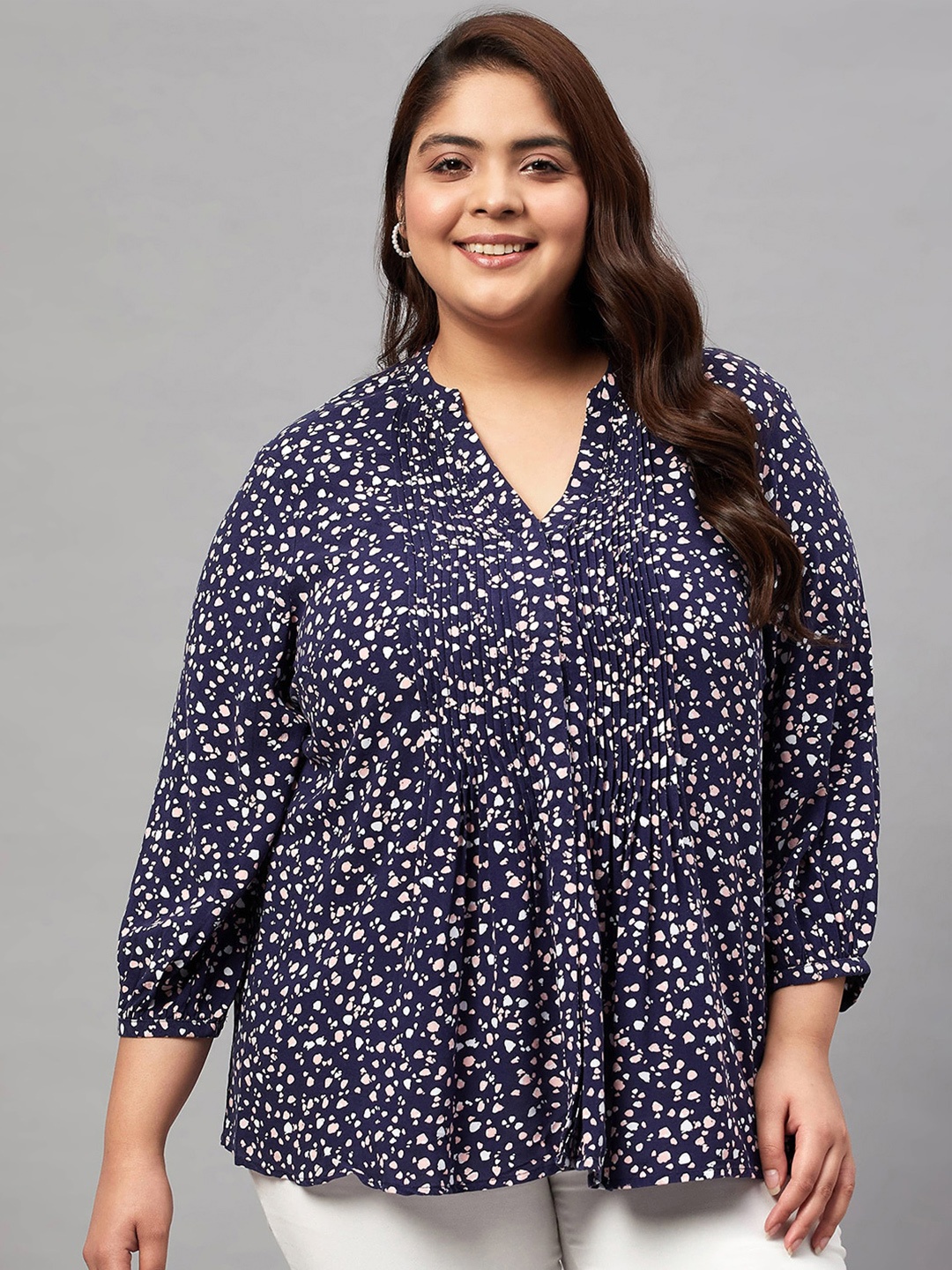 

Oxolloxo Plus Size Abstract Print Mandarin Collar A-line Top, Blue