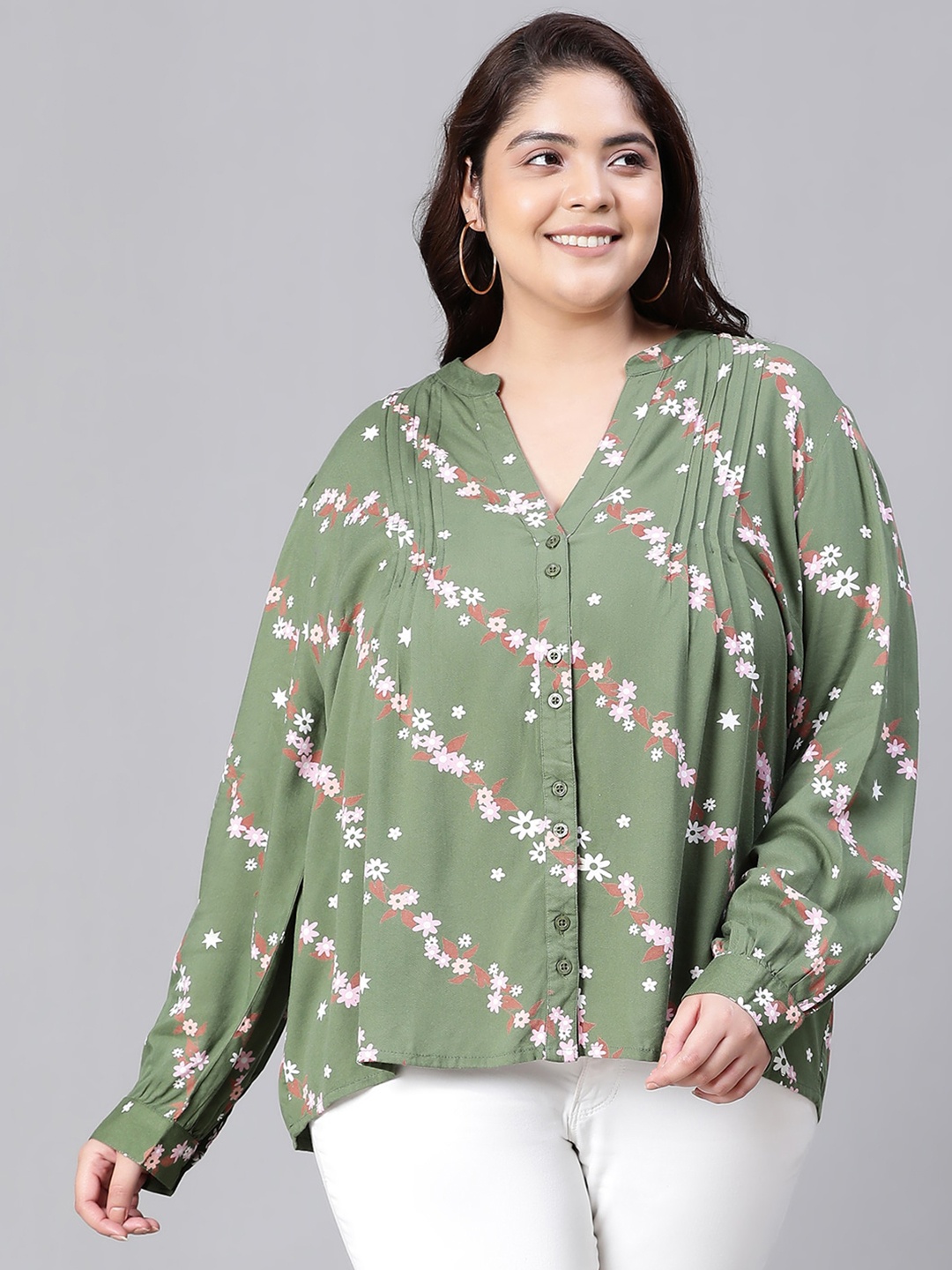 

Oxolloxo Plus Size Floral Print Mandarin Collar Shirt Style Top, Green