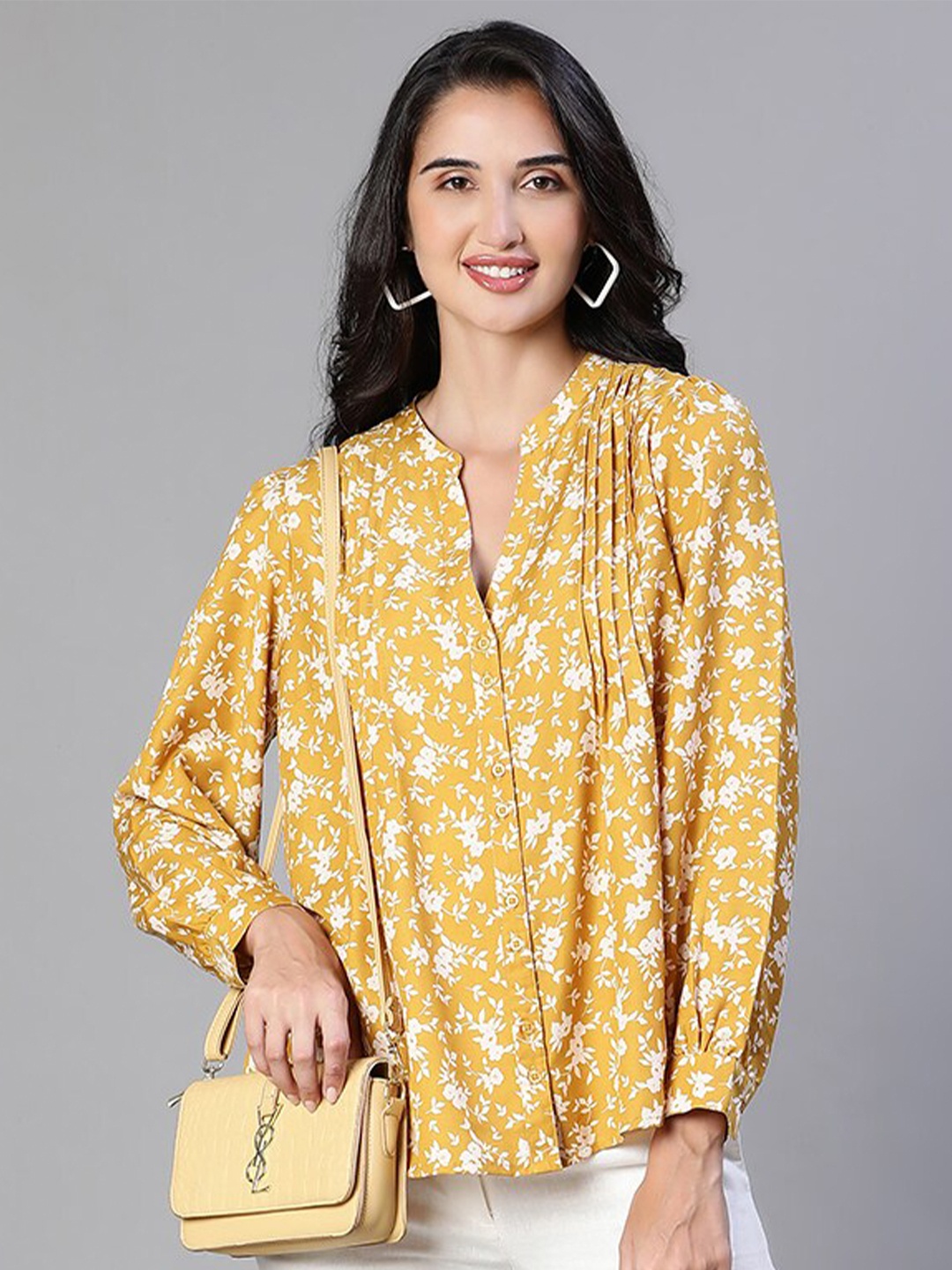 

Oxolloxo Floral Print Mandarin Collar Crepe Shirt Style Top, Mustard