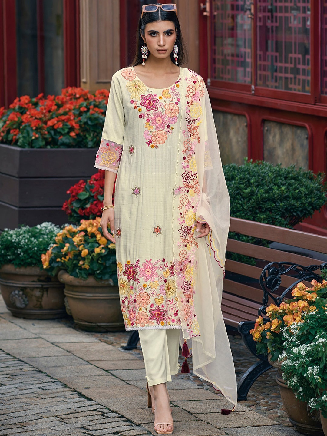 Indo Era Floral Embroidered Thread Work Kurta & Trousers With Dupatta, White