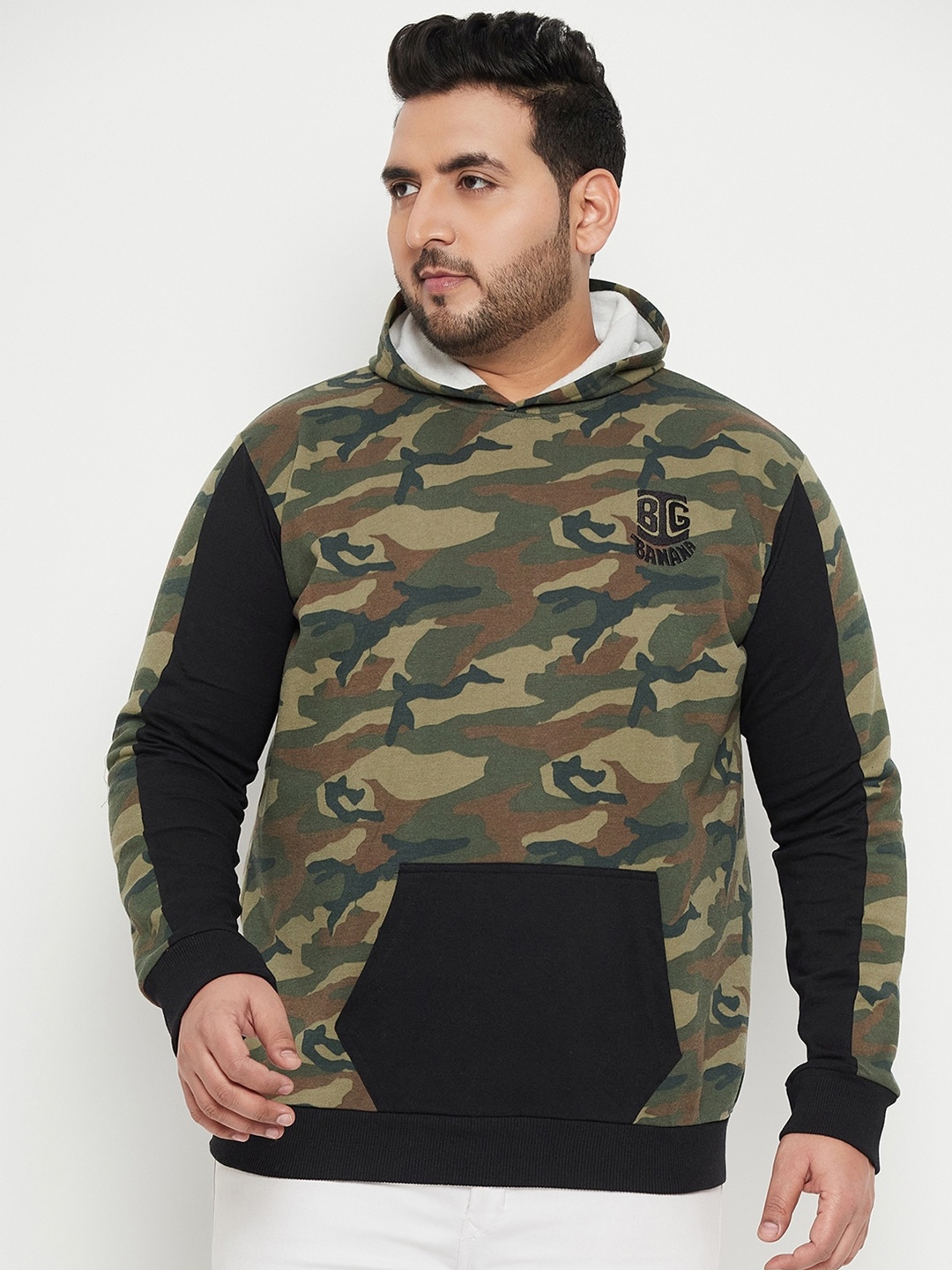 

bigbanana Plus Size Camouflage Printed Hooded Pure Cotton Pullover, Olive