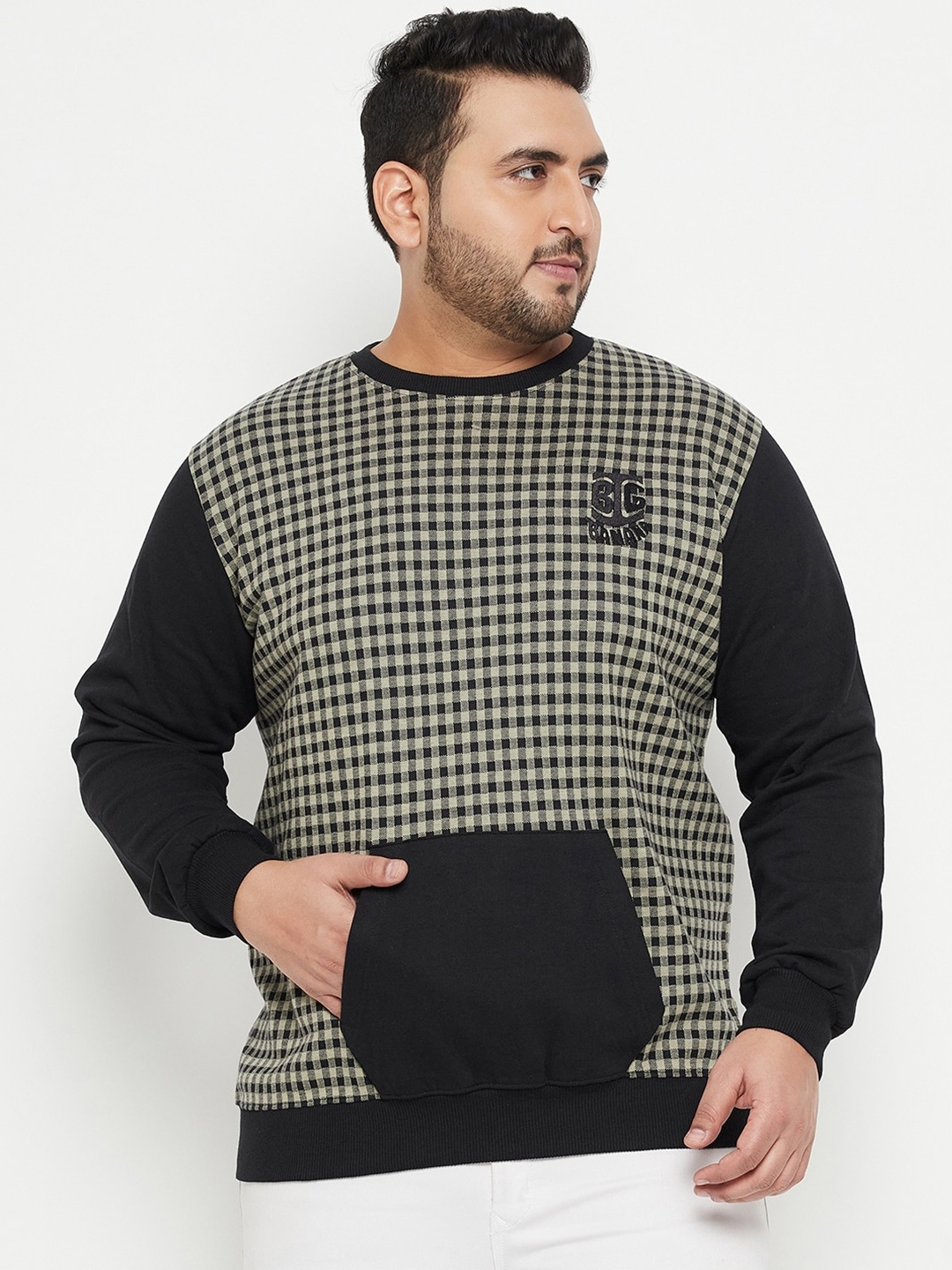 

bigbanana Men Plus Size Checked Pure Cotton Sweatshirt, Black