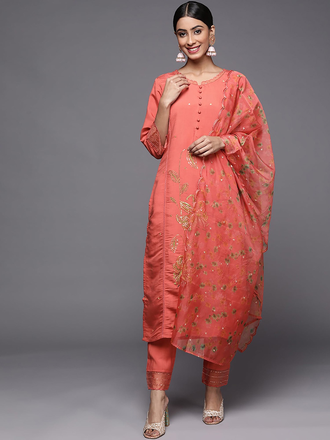 

Indo Era Floral Embroidered Sequinned Kurta & Trousers With Dupatta, Rust