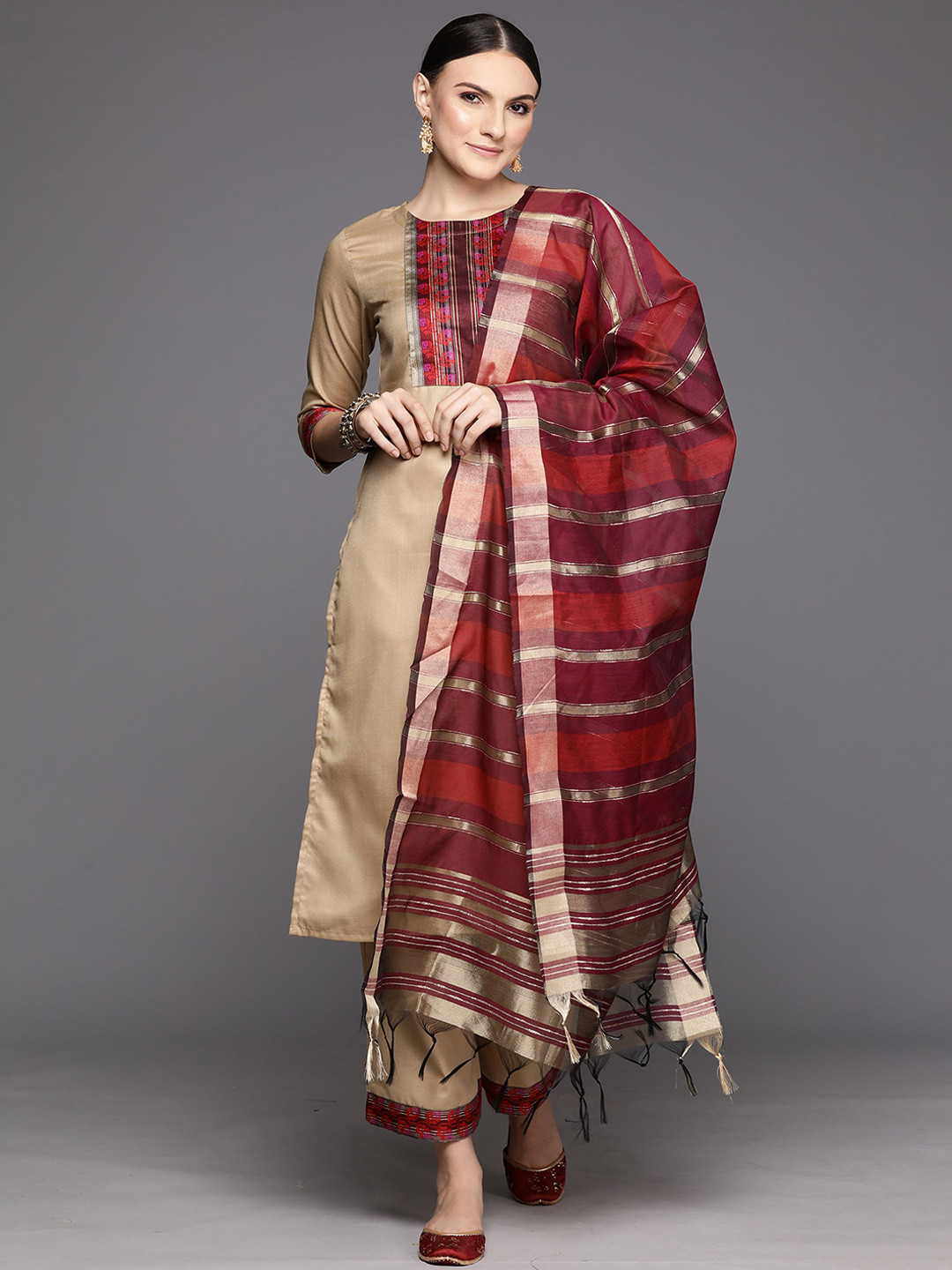 

Indo Era Woven Design Regular Kurta with Palazzos & With Dupatta, Beige