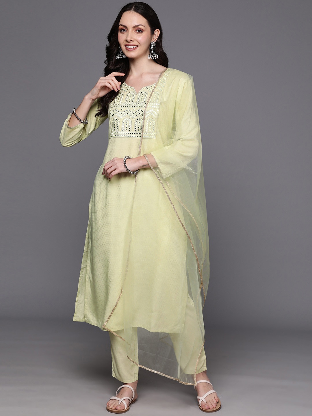 Indo Era Embroidered Regular Mirror Work Kurta With Trousers & Dupatta, Sea green