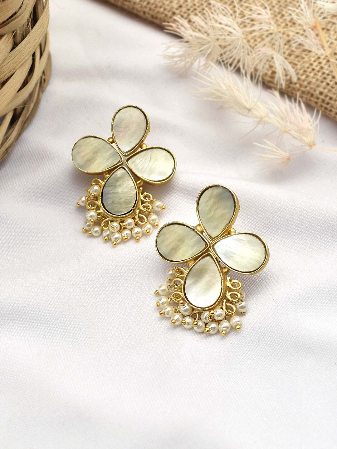 

TEEJH Gold-Plated Stone Studded & Beaded Drop Earrings