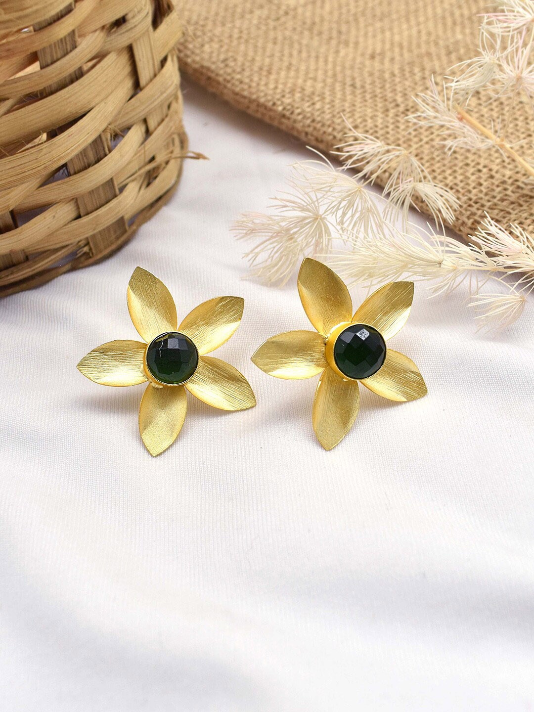 

TEEJH Gold-Plated Stone-Studded Floral Shaped Studs Earrings