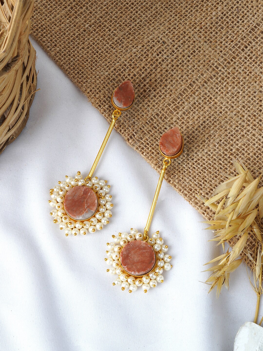 

TEEJH Gold-Plated Stone Studded & Beaded Drop Earrings