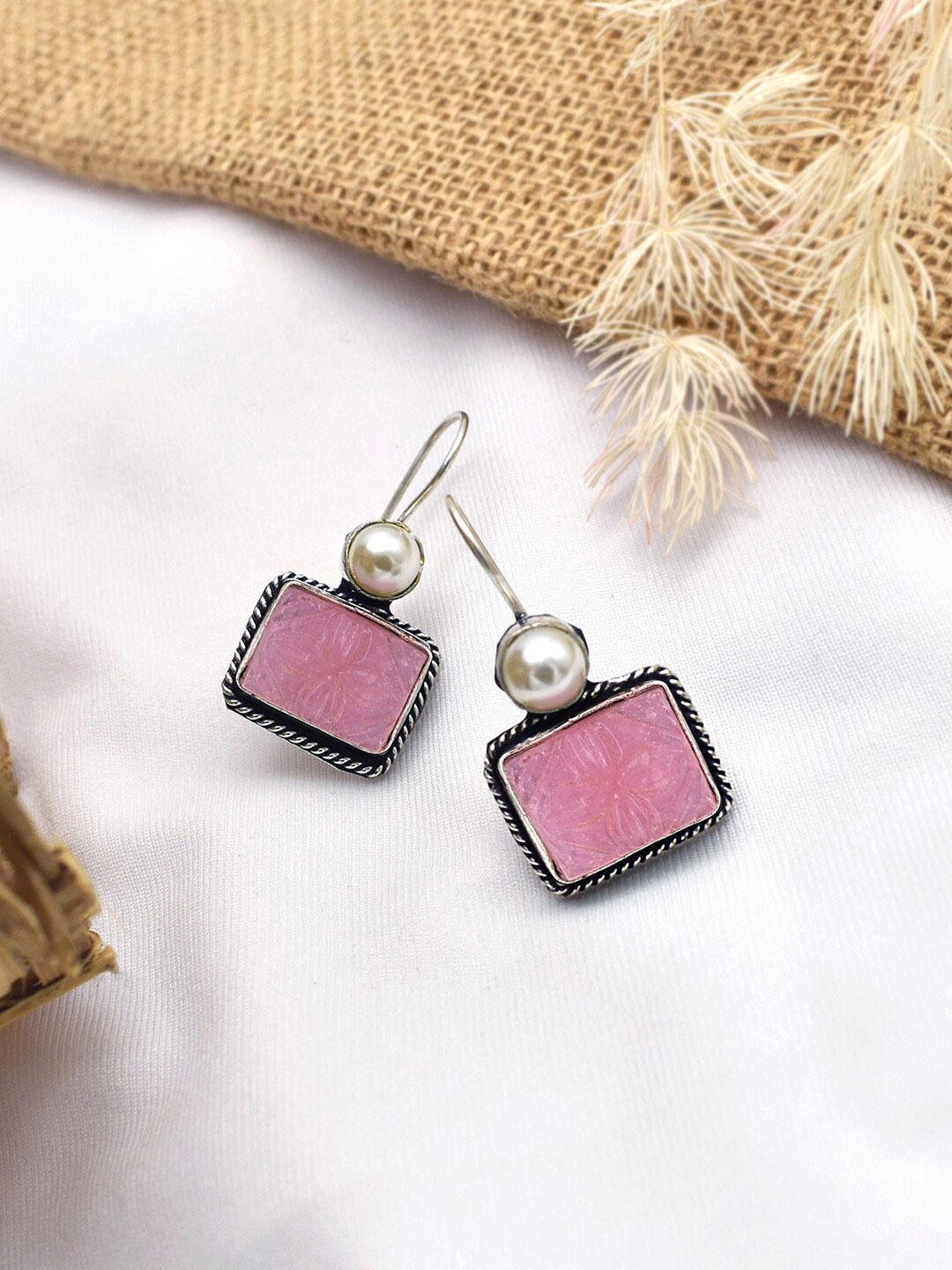 

TEEJH Silver-Plated Stone-Studded Square Drop Earrings