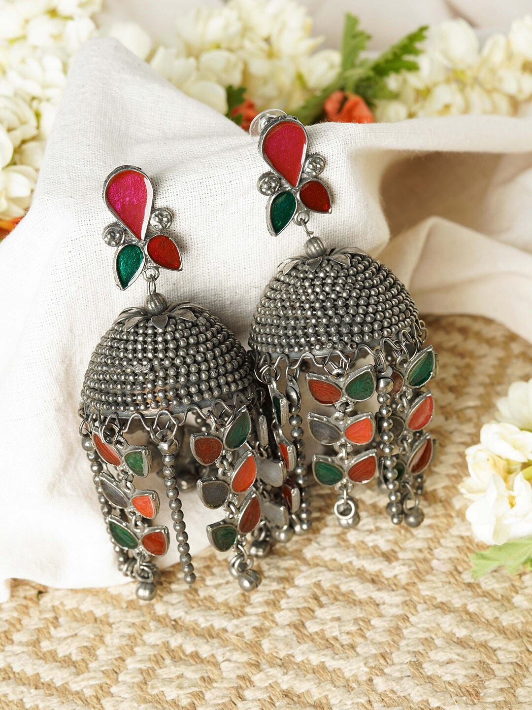 

TEEJH Silver-Plated Contemporary Jhumkas Earrings