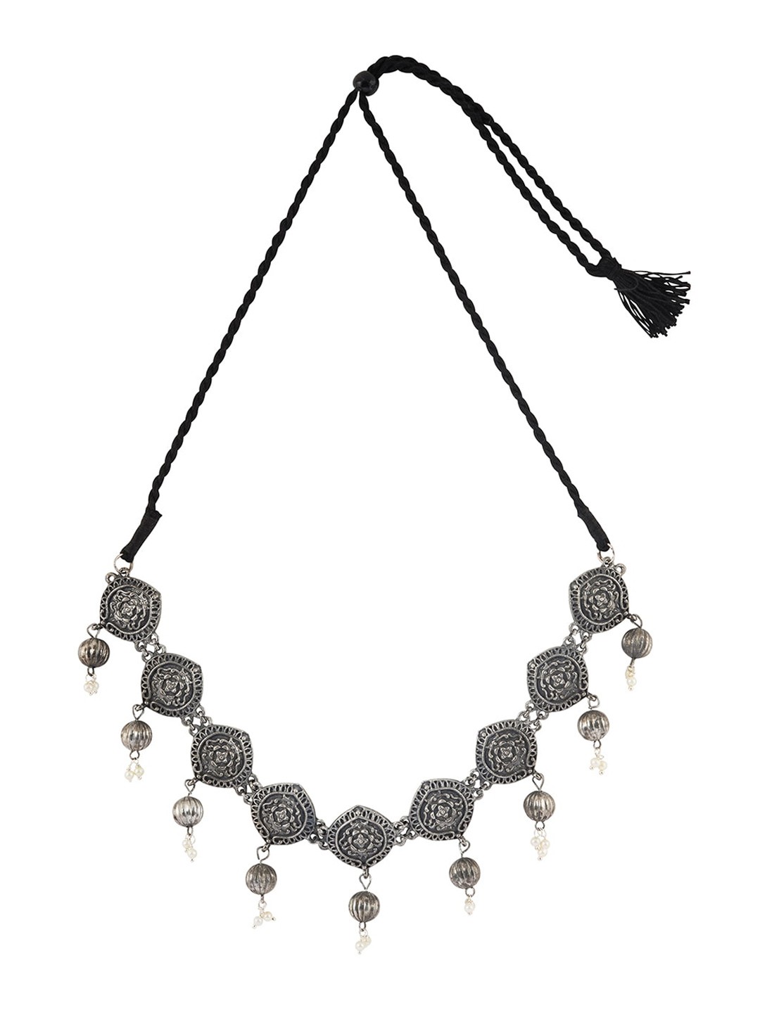 

TEEJH Silver-Plated Oxidised Artificial Beaded Jewellery Set