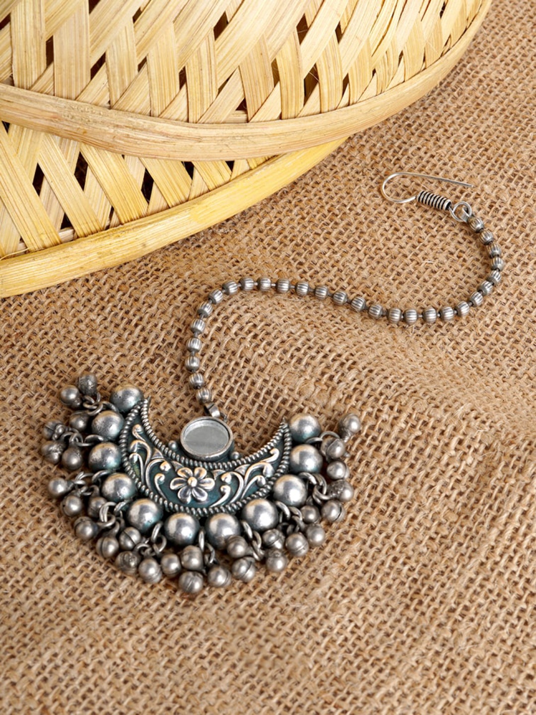 

TEEJH Oxidised Silver-Plated Mirror Work Maangtikka