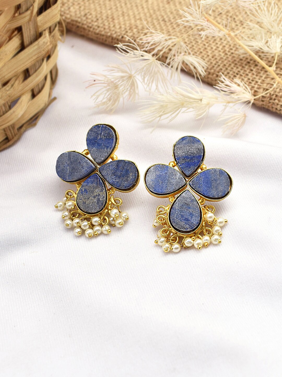 

TEEJH Gold-Plated Stone-Studded Floral Shaped Studs Earrings